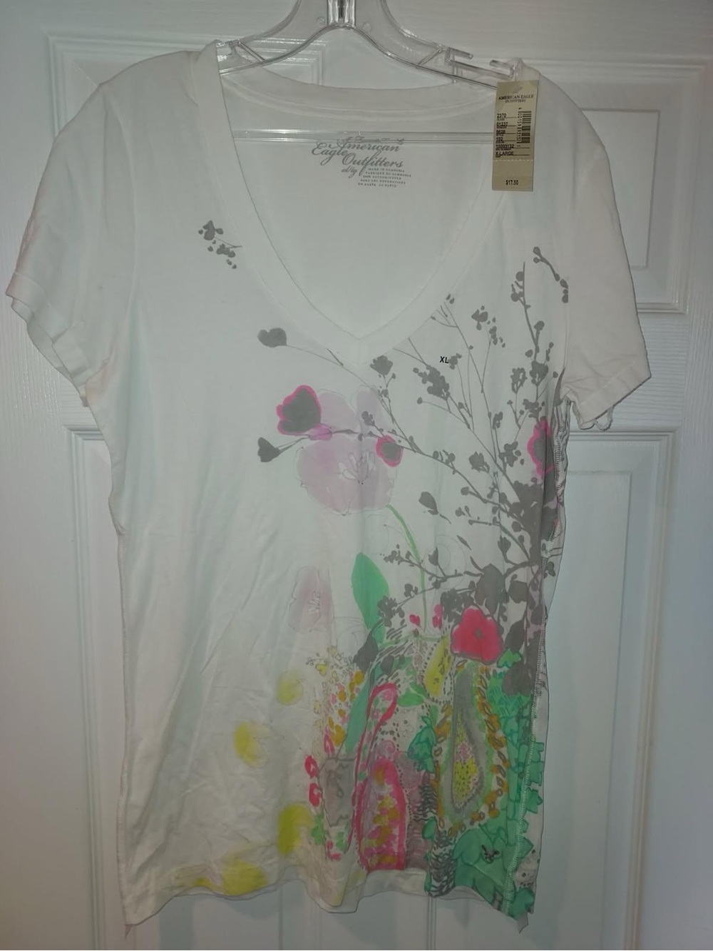 American Eagle Outfitters White Floral V-Neck Tee with Floral Neon Accents